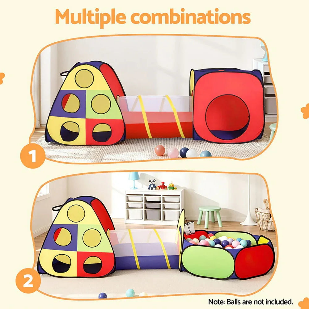 Keezi Kids Play Tent Pop Up Teepee Playhouse Ball Pit Crawl Tunnel Basketball Hoop - Mekamart Australia