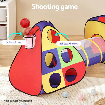 Keezi Kids Play Tent Pop Up Teepee Playhouse Ball Pit Crawl Tunnel Basketball Hoop - Mekamart Australia