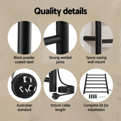 Devanti Heated Towel Rail 6 Round Bars with Timer Electric Heater Warmer Rack - Mekamart Australia