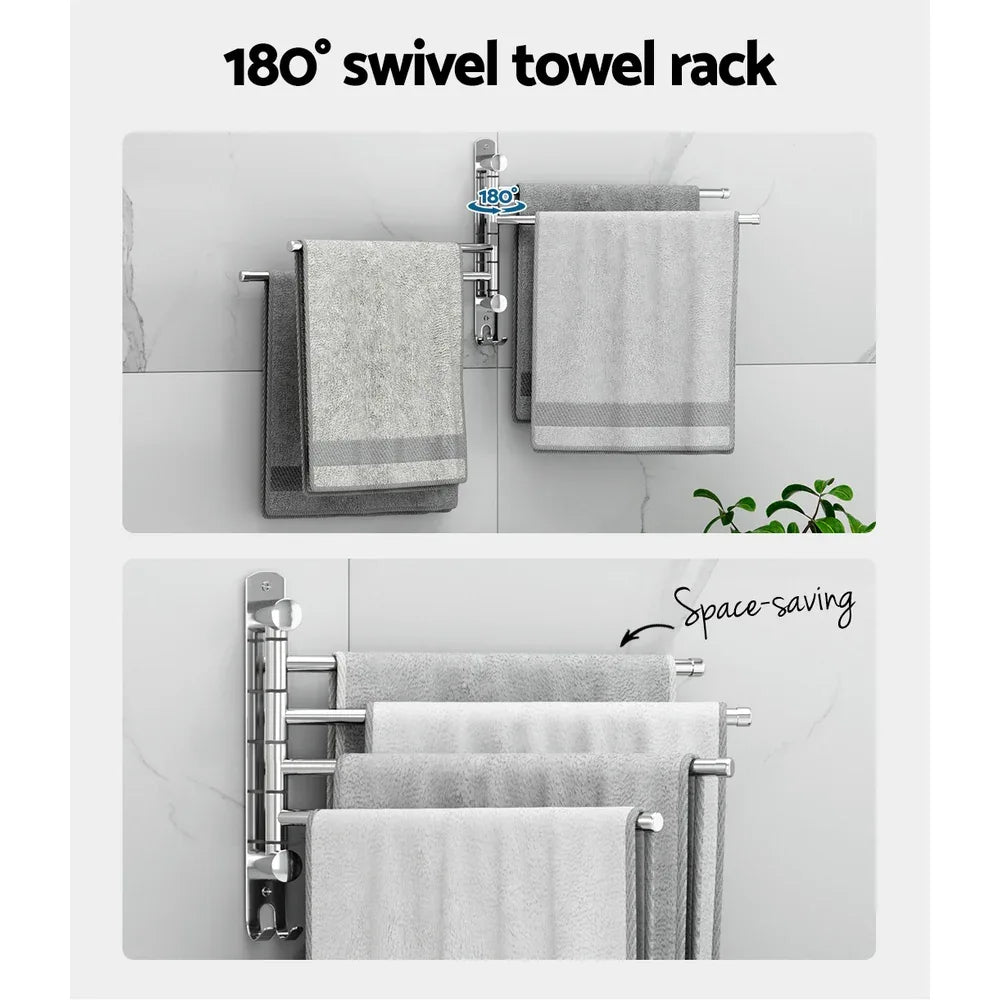 Towel Rail Rack Holder 4 Bars Wall Mounted Stainless Steel Swivel Hanging Hook - Mekamart Australia