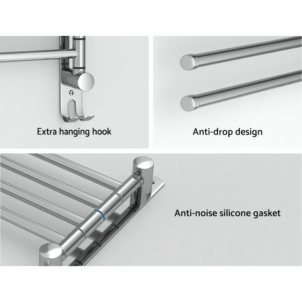 Towel Rail Rack Holder 4 Bars Wall Mounted Stainless Steel Swivel Hanging Hook - Mekamart Australia