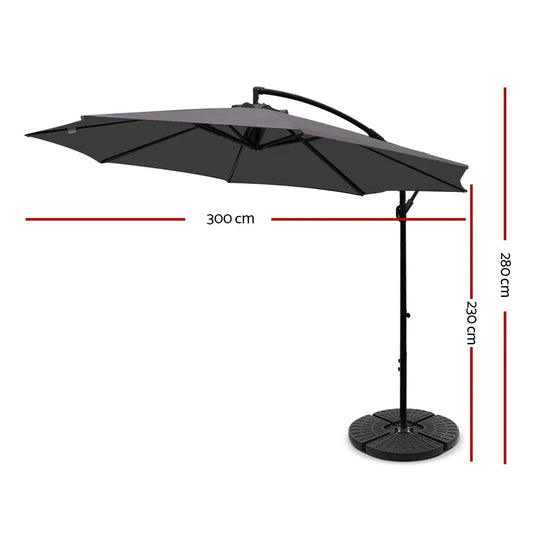 Instahut 3m Outdoor Umbrella w/Base Cantilever Beach Garden Patio Charcoal - Mekamart Australia