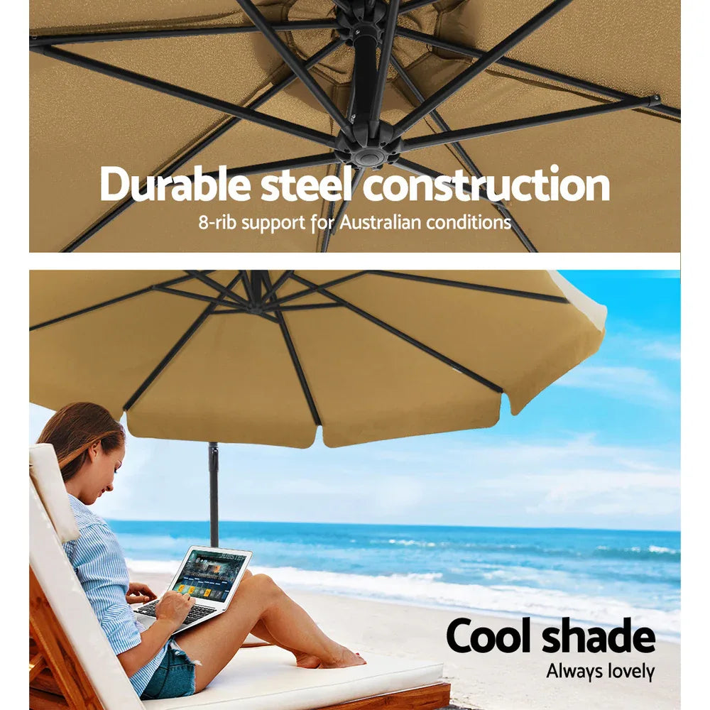 Instahut 3m Outdoor Umbrella w/Base Cantilever Garden Patio Beach Beige - Mekamart Australia