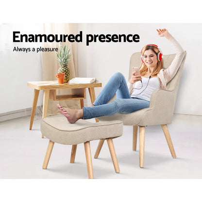 Artiss Armchair Set with Ottoman Beige Lansar - Mekamart Australia