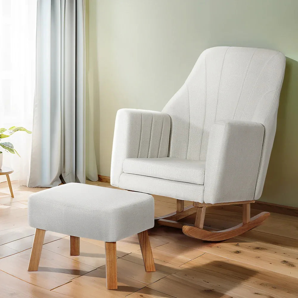 Artiss Rocking Chair Armchair Linen Fabric Beige Jonah - Mekamart Australia