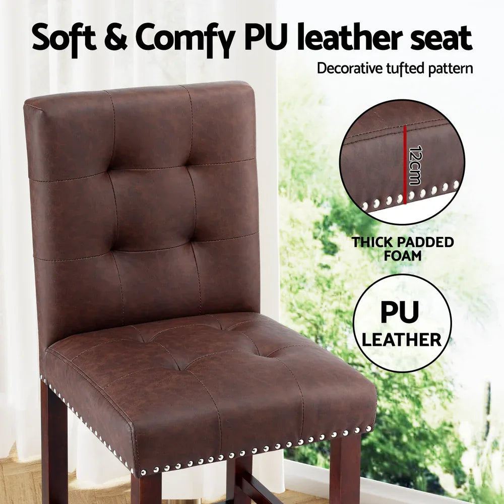 Artiss 2x Bar Stools Kitchen Dining Chairs Counter PU Leather Wooden Ada Brown - Mekamart Australia