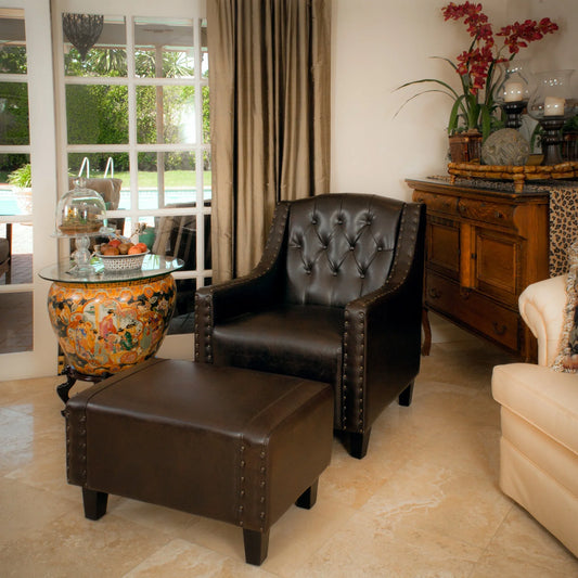 Coogee Bonded Leather Armchair & Ottoman in Brown - Mekamart Australia