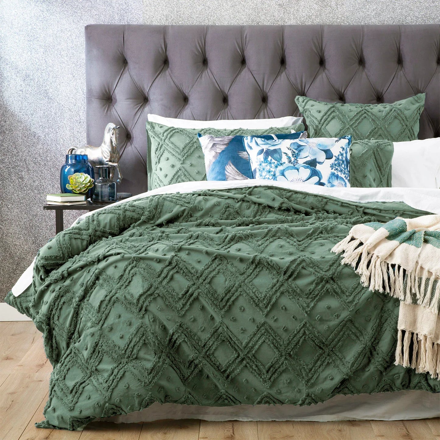 Medallion Sage Cotton Vintage Washed Tufted Queen Quilt Cover set by Park Avenue - Mekamart Australia
