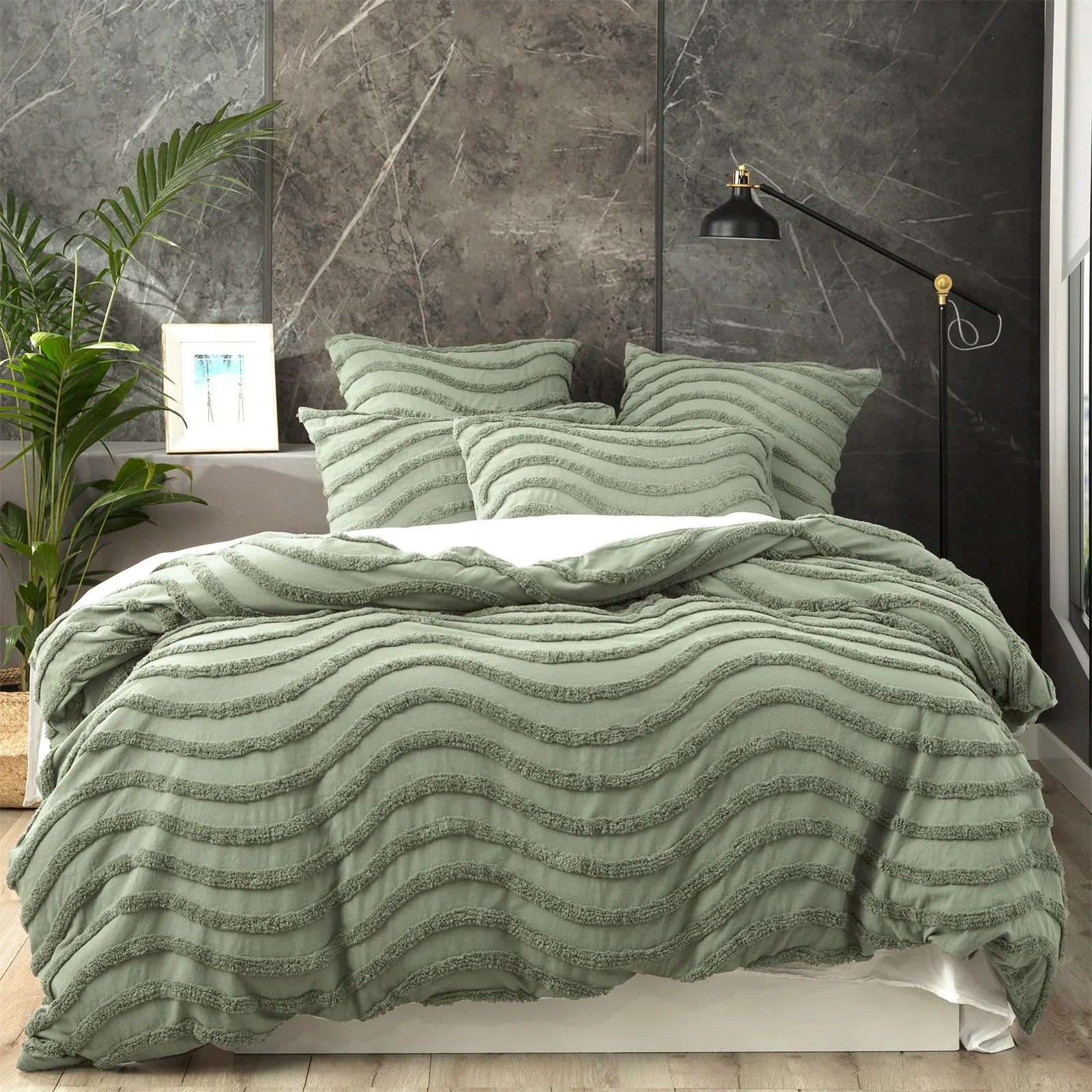 Chenille Wave 100% Cotton Vintage Washed Sage Tufted Quilt Cover Set by Cloud Linen King - Mekamart Australia