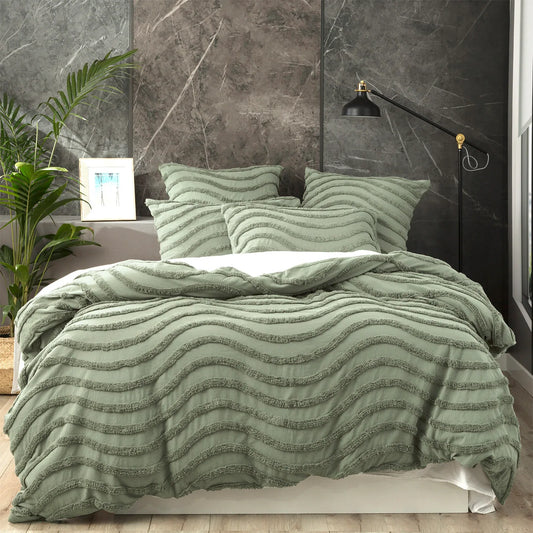 Chenille Wave 100% Cotton Vintage Washed Sage Tufted Quilt Cover Set by Cloud Linen King - Mekamart Australia