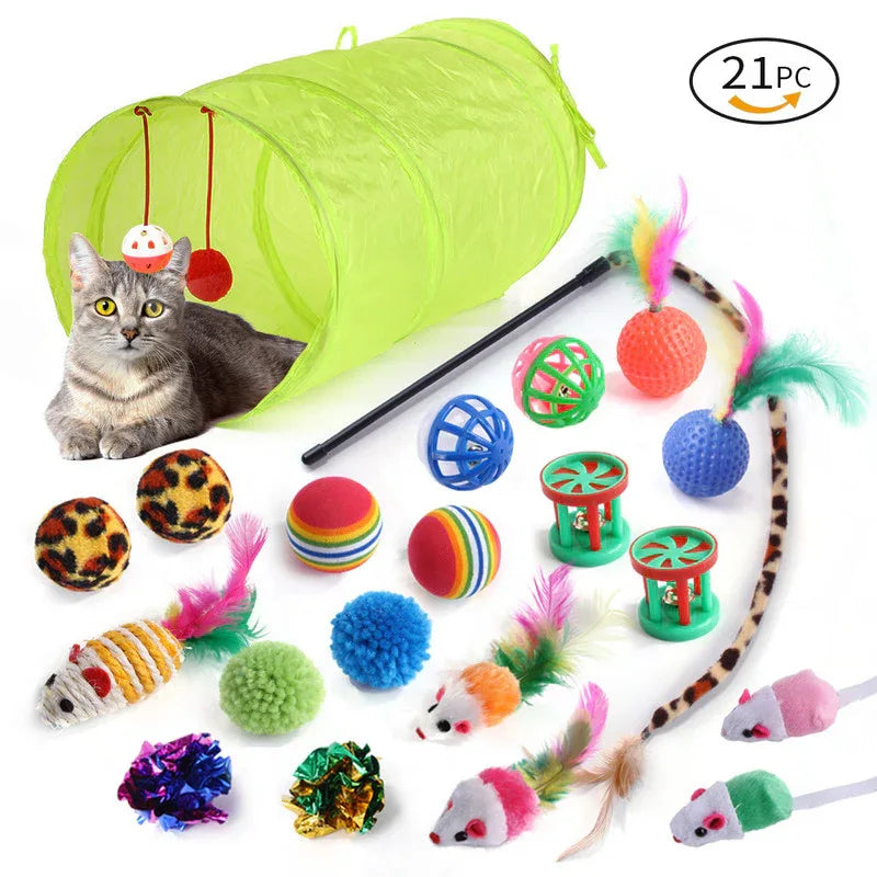 pet products Super Set (21 Pcs) - Cat Tunnel, Teaser, Mice, Jingle Balls, & Pom Poms. (Note: accessory colors are shipped randomly). - Mekamart Australia