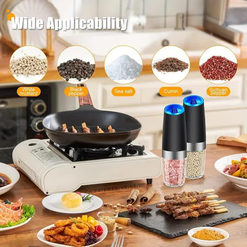 Gravity Electric Salt and Pepper Grinder Set, Battery Powered LED Light One Hand Automatic Operation, Adjustable Coarseness Mill Grinders Shakers Black, Kitchen Gadgets Gift Ideas - Mekamart Australia