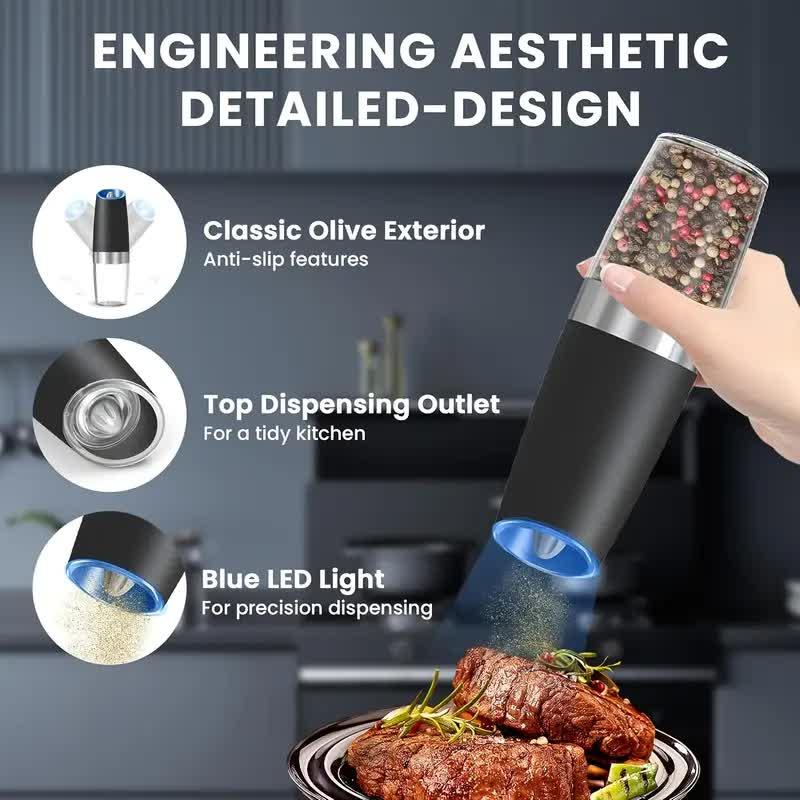 Gravity Electric Salt and Pepper Grinder Set, Battery Powered LED Light One Hand Automatic Operation, Adjustable Coarseness Mill Grinders Shakers Black, Kitchen Gadgets Gift Ideas - Mekamart Australia