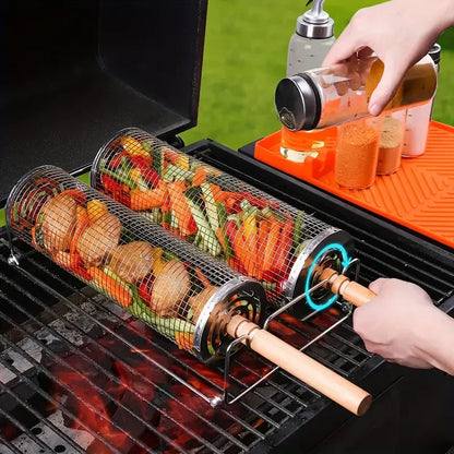 2-Pack Stainless Steel Rotating Grill Baskets with Removable Wooden Handle – Durable 304 Mesh for Veggies, Prawns & More – Perfect for BBQ, Camping & Outdoor Cooking, Great Gift for Dad or Husband - Mekamart Australia