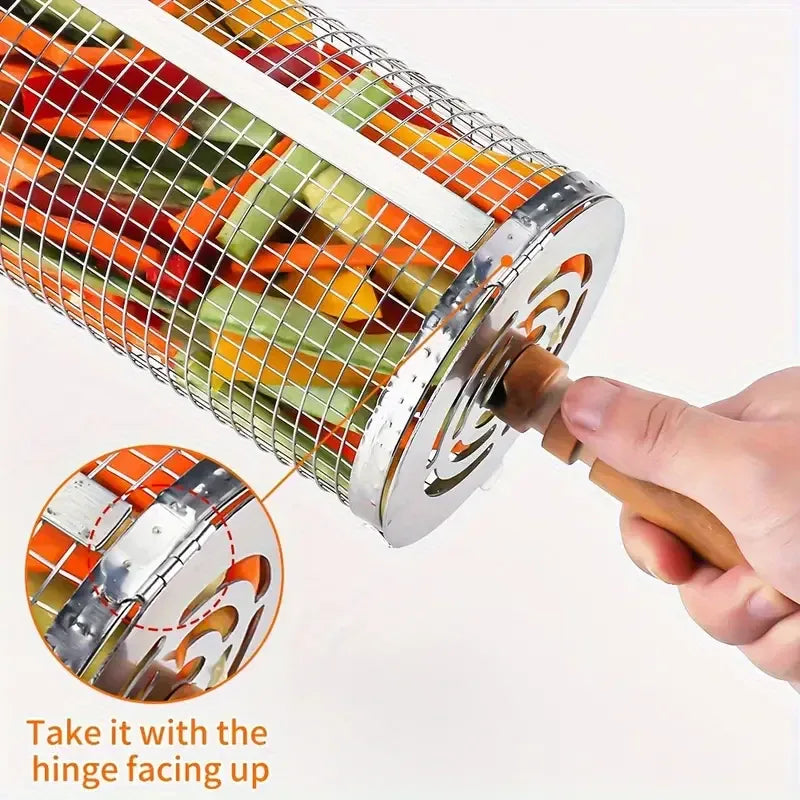 2-Pack Stainless Steel Rotating Grill Baskets with Removable Wooden Handle – Durable 304 Mesh for Veggies, Prawns & More – Perfect for BBQ, Camping & Outdoor Cooking, Great Gift for Dad or Husband - Mekamart Australia