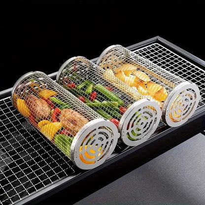 2-Pack Stainless Steel Rotating Grill Baskets with Removable Wooden Handle – Durable 304 Mesh for Veggies, Prawns & More – Perfect for BBQ, Camping & Outdoor Cooking, Great Gift for Dad or Husband - Mekamart Australia