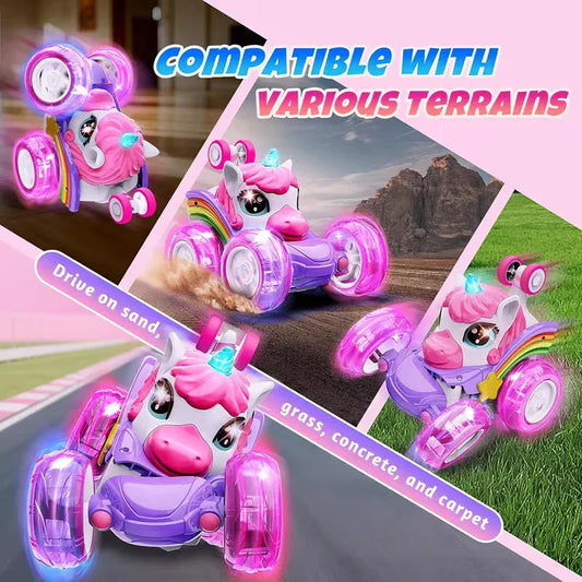 Unicorn remote control car for girls, 360° rotating four-wheel drive stunt remote control car with cute lights, rechargeable toy - children's birthday gift - Mekamart Australia