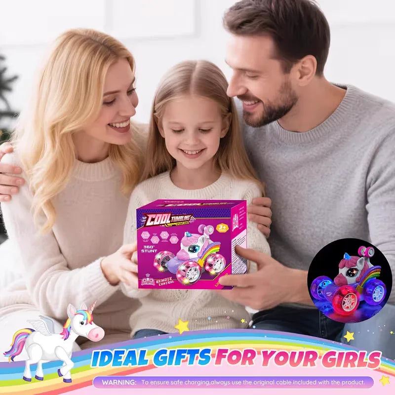 Unicorn remote control car for girls, 360° rotating four-wheel drive stunt remote control car with cute lights, rechargeable toy - children's birthday gift - Mekamart Australia