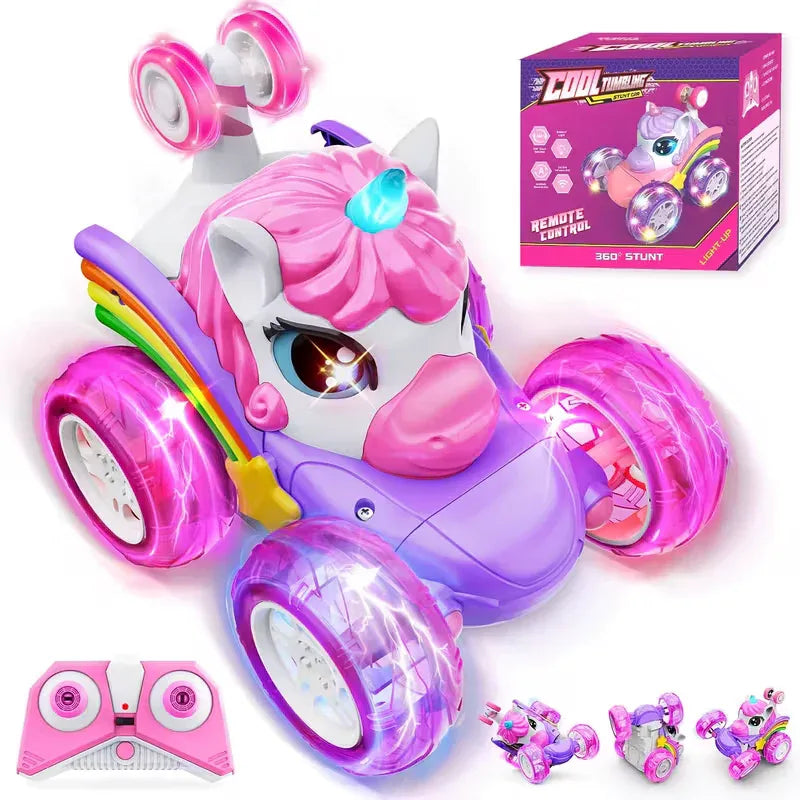 Unicorn remote control car for girls, 360° rotating four-wheel drive stunt remote control car with cute lights, rechargeable toy - children's birthday gift - Mekamart Australia