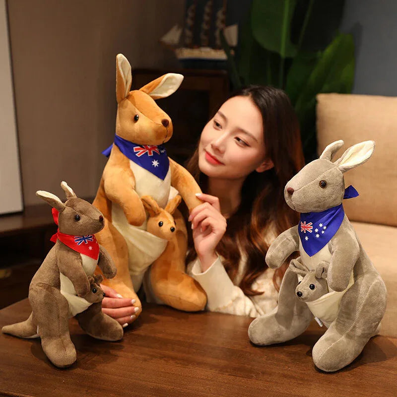Kangaroo Stuffed Animal with Joey in Pouch & Australia Scarf - Soft Cuddly Plush Toy(32cm, light grey)| Other Colors Available in Store - Mekamart Australia