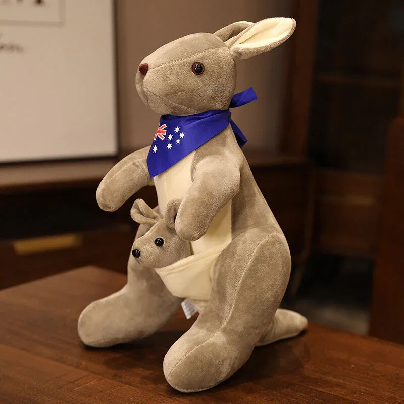 Kangaroo Stuffed Animal with Joey in Pouch & Australia Scarf - Soft Cuddly Plush Toy(45cm, light grey)| Other Colors Available in Store - Mekamart Australia