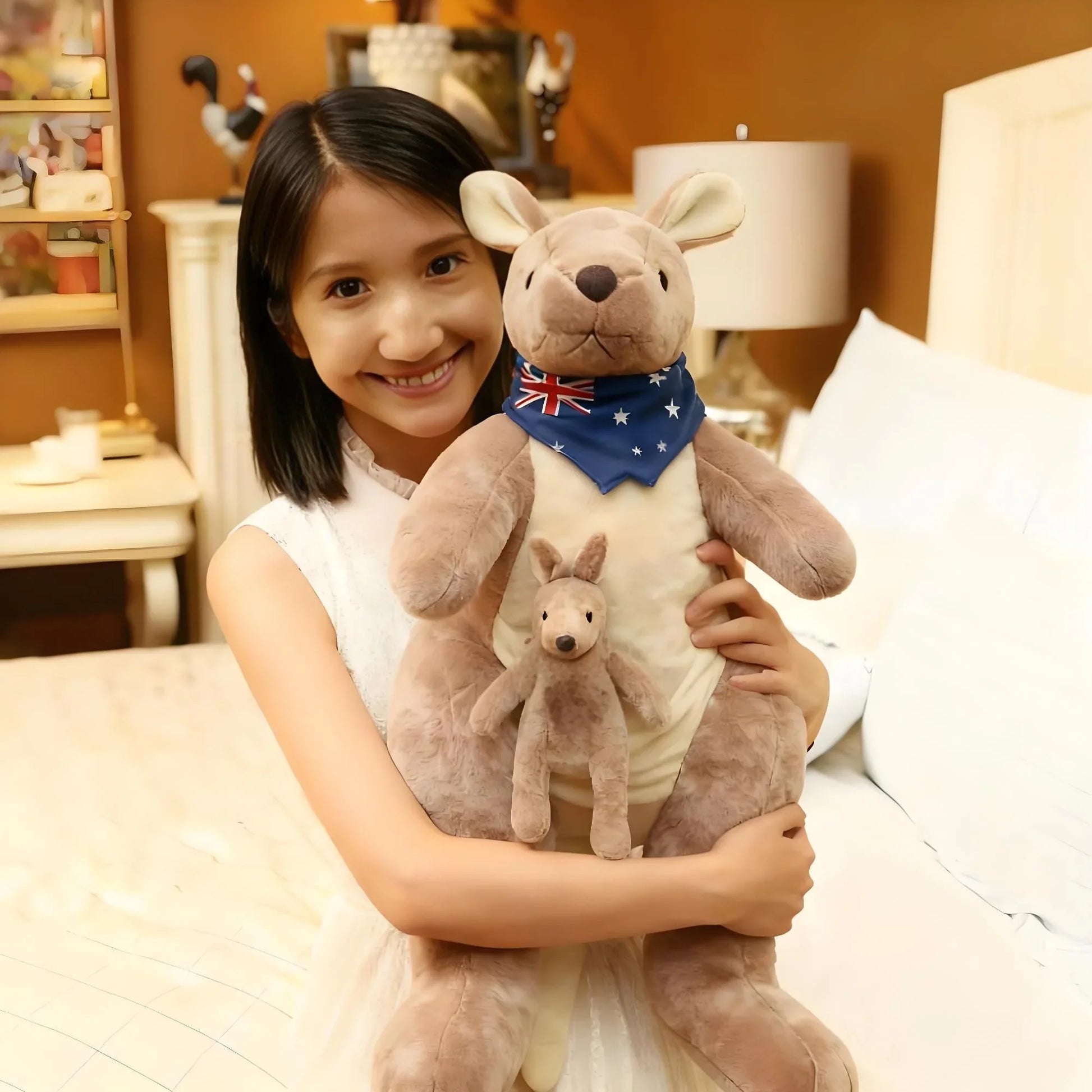 Kangaroo Stuffed Animal with Joey in Pouch & Australia Scarf - Soft Cuddly Plush Toy(45cm, light grey)| Other Colors Available in Store - Mekamart Australia