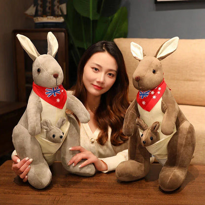 Kangaroo Stuffed Animal with Joey in Pouch & Australia Scarf - Soft Cuddly Plush Toy(45cm, light grey)| Other Colors Available in Store - Mekamart Australia