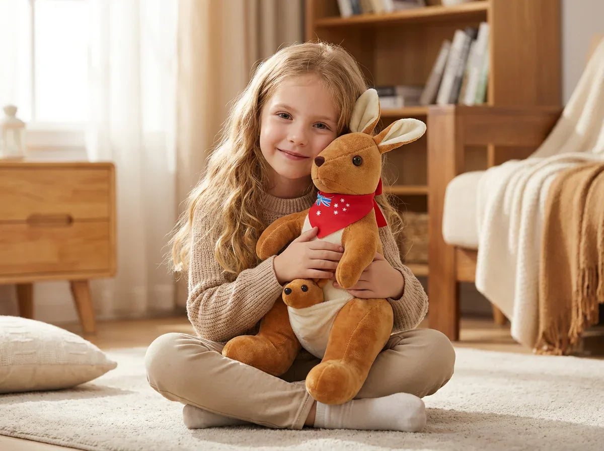 Kangaroo Stuffed Animal with Joey in Pouch & Australia Scarf - Soft Cuddly Plush Toy(32cm,light brown
)| Other Colors Available in Store - Mekamart Australia
