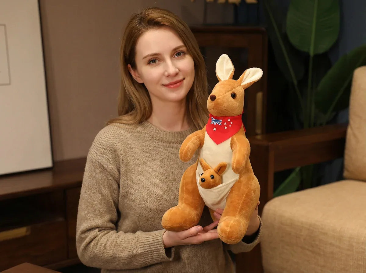 Kangaroo Stuffed Animal with Joey in Pouch & Australia Scarf - Soft Cuddly Plush Toy(32cm,light brown
)| Other Colors Available in Store - Mekamart Australia
