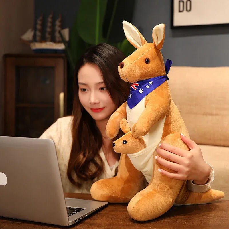 Kangaroo Stuffed Animal with Joey in Pouch & Australia Scarf - Soft Cuddly Plush Toy(32cm,light brown
)| Other Colors Available in Store - Mekamart Australia