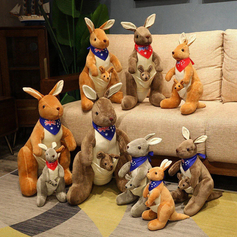 Kangaroo Stuffed Animal with Joey in Pouch & Australia Scarf - Soft Cuddly Plush Toy(32cm,light brown
)| Other Colors Available in Store - Mekamart Australia