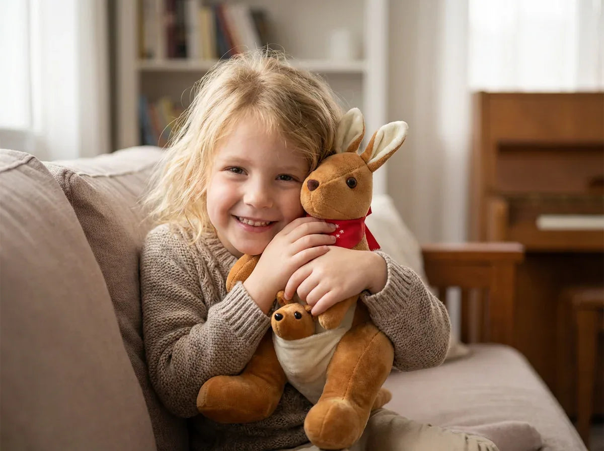 Kangaroo Stuffed Animal with Joey in Pouch & Australia Scarf - Soft Cuddly Plush Toy(55cm, light brown
)| Other Colors Available in Store - Mekamart Australia