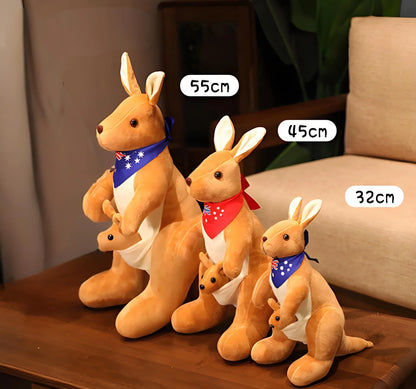 Kangaroo Stuffed Animal with Joey in Pouch & Australia Scarf - Soft Cuddly Plush Toy(55cm, light brown
)| Other Colors Available in Store - Mekamart Australia