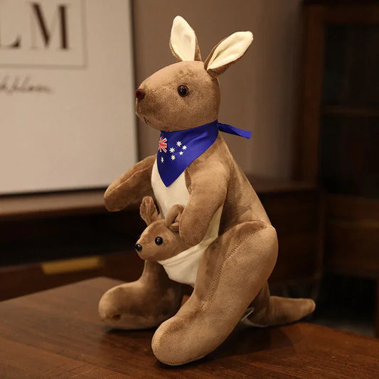 Kangaroo Stuffed Animal with Joey in Pouch & Australia Scarf - Soft Cuddly Plush Toy(32cm, Dark brown
)| Other Colors Available in Store - Mekamart Australia