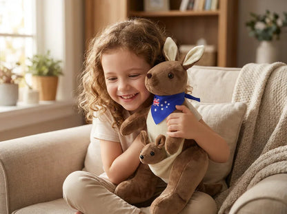Kangaroo Stuffed Animal with Joey in Pouch & Australia Scarf - Soft Cuddly Plush Toy(45cm, Dark brown
)| Other Colors Available in Store - Mekamart Australia