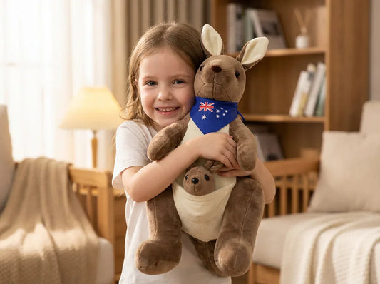 Kangaroo Stuffed Animal with Joey in Pouch & Australia Scarf - Soft Cuddly Plush Toy(55cm, Dark brown
)| Other Colors Available in Store - Mekamart Australia