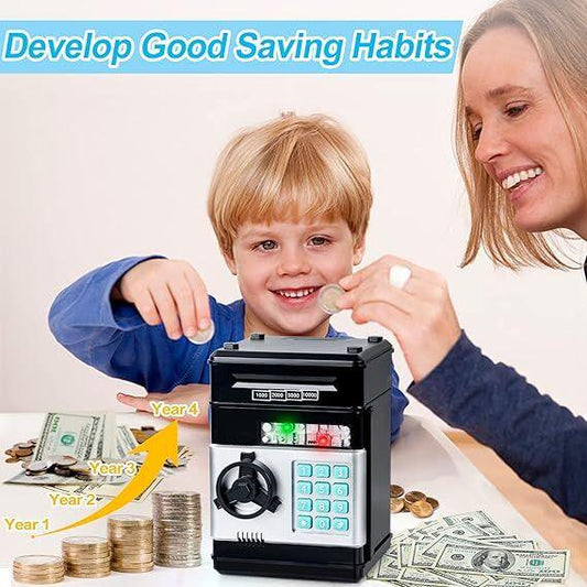 Smart ATM Piggy Bank with Password Lock & Coin Slot – Educational Money Box for Kids, Saves Coins & Bills (Black) | Other Colors Available In-Store - Mekamart Australia