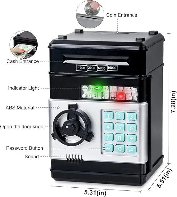 Smart ATM Piggy Bank with Password Lock & Coin Slot – Educational Money Box for Kids, Saves Coins & Bills (Black) | Other Colors Available In-Store - Mekamart Australia