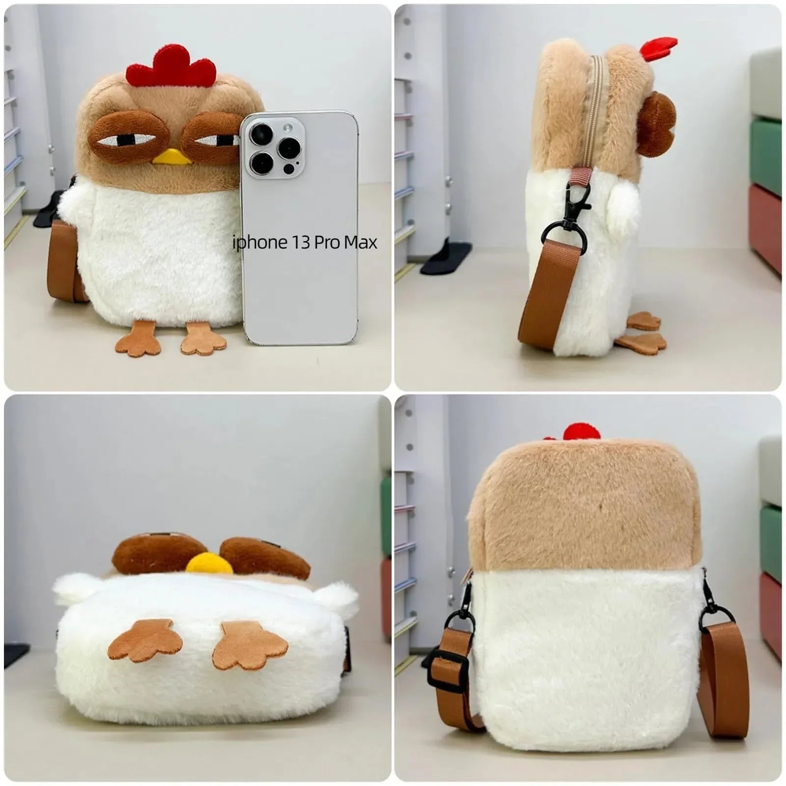 Cute Chicken Plush Crossbody Bag – White & Brown Kawaii Animal Backpack for Kids & Girls | Fun Gift Idea - Mekamart Australia