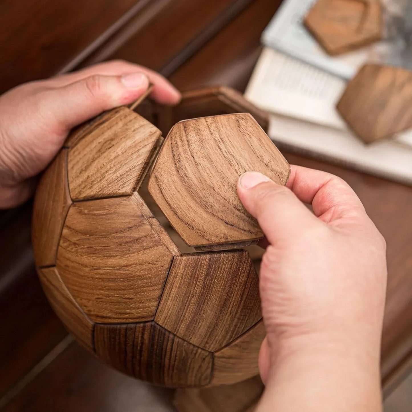 Handcrafted Wooden Football Puzzle – 3D Mortise and Tenon Soccer Ball Assembly Kit |Walnut , Beech Wood | DIY Gift for Adults, Kids & Football Fans - Mekamart Australia