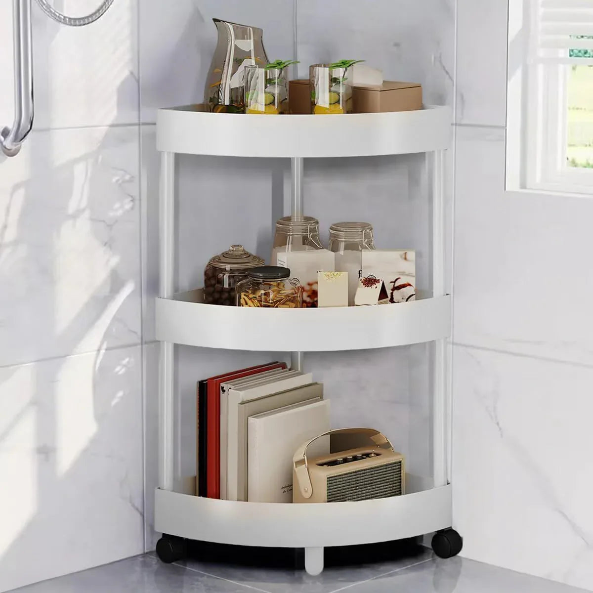 White Corner Storage Shelf – 3-Tier Rolling Organizer for Bathroom, Kitchen & Bedroom | Space-Saving Aluminum Rack with Wheels | Black Available In-Store - Mekamart Australia