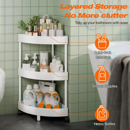 White Corner Storage Shelf – 3-Tier Rolling Organizer for Bathroom, Kitchen & Bedroom | Space-Saving Aluminum Rack with Wheels | Black Available In-Store - Mekamart Australia