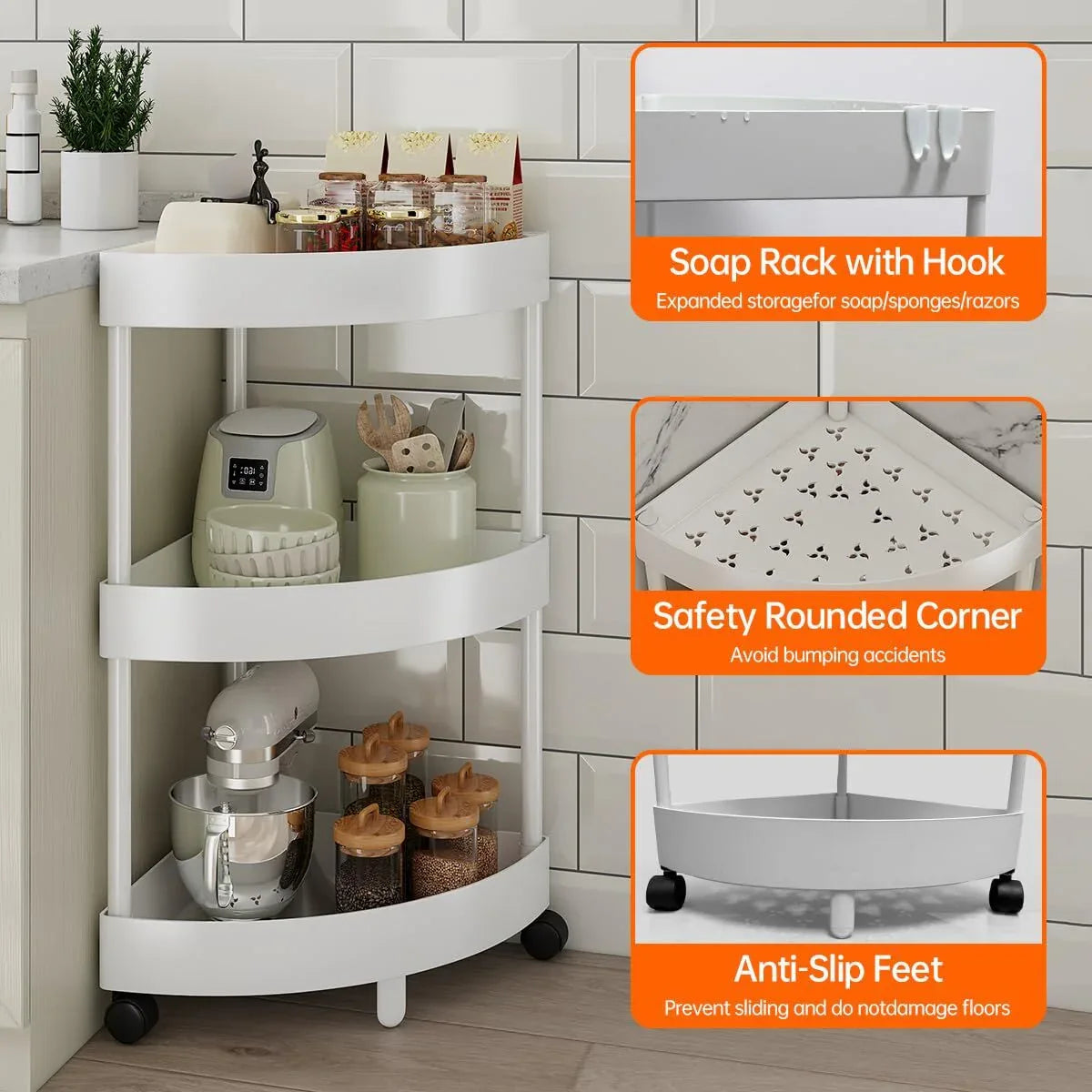 White Corner Storage Shelf – 3-Tier Rolling Organizer for Bathroom, Kitchen & Bedroom | Space-Saving Aluminum Rack with Wheels | Black Available In-Store - Mekamart Australia