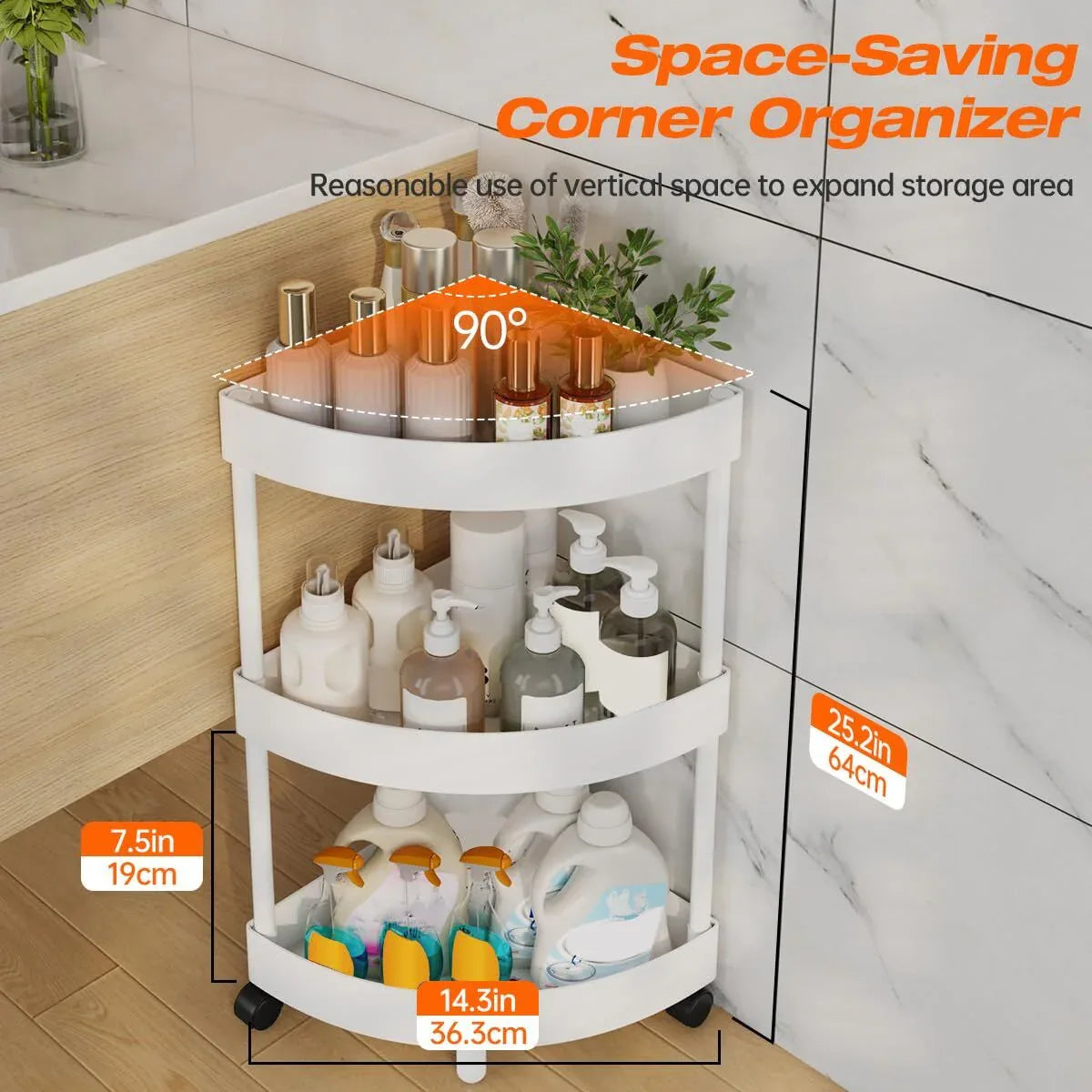 White Corner Storage Shelf – 3-Tier Rolling Organizer for Bathroom, Kitchen & Bedroom | Space-Saving Aluminum Rack with Wheels | Black Available In-Store - Mekamart Australia