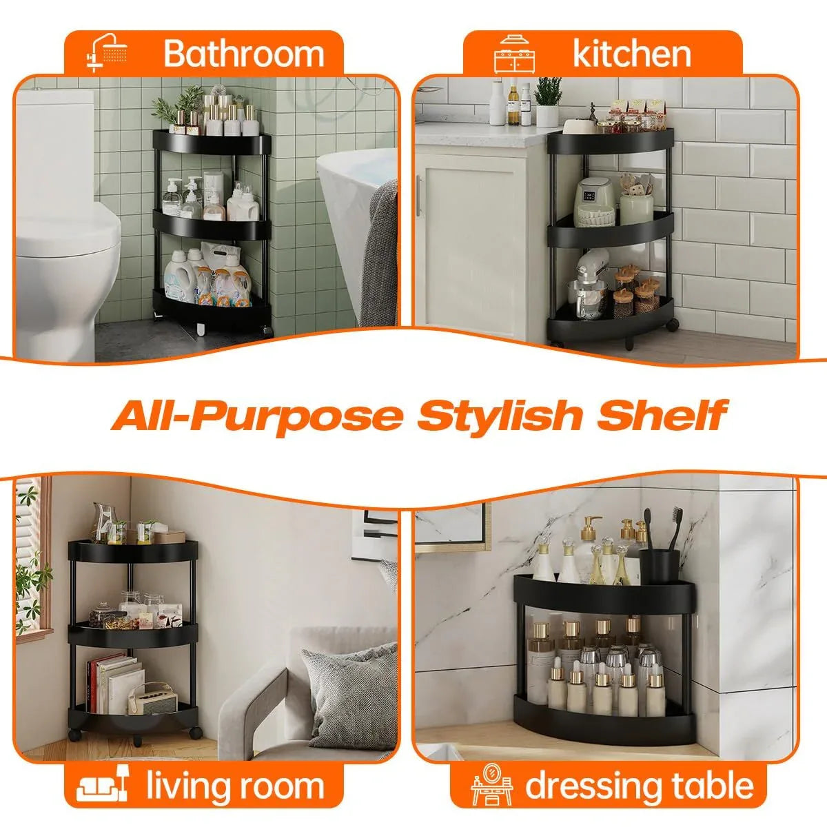 Black Corner Storage Shelf – 3-Tier Rolling Organizer for Bathroom, Kitchen & Bedroom | Space-Saving Aluminum Rack with Wheels | White Available In-Store - Mekamart Australia