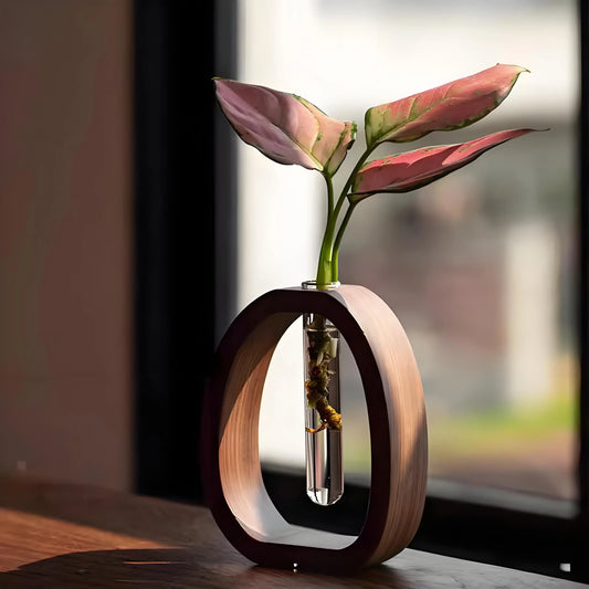 Wooden Glass Hydroponic Vase – Minimalist Desktop Flower Vase for Water Plants & Blooms (15cm) | Other Sizes Available in Store - Mekamart Australia