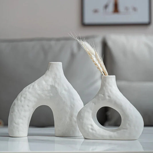 Minimalist Ceramic Vase Set (2-Piece): Modern Home Decor for Flower Arrangements (White) | Black Version Available In-Store - Mekamart Australia