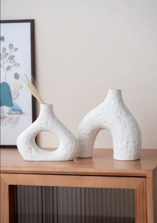 Minimalist Ceramic Vase Set (2-Piece): Modern Home Decor for Flower Arrangements (White) | Black Version Available In-Store - Mekamart Australia