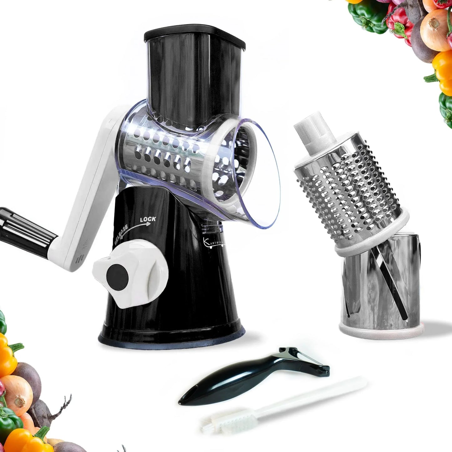 Manual Rotary Food Slicer & Grater with 3 Stainless Steel Drums – Suction Base Vegetable Shredder for Cheese, Potatoes & More (Black) - Mekamart Australia