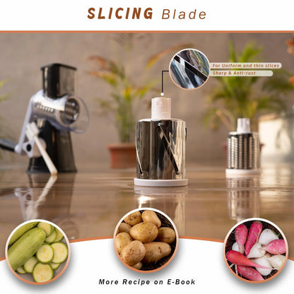Manual Rotary Food Slicer & Grater with 3 Stainless Steel Drums – Suction Base Vegetable Shredder for Cheese, Potatoes & More (Black) - Mekamart Australia